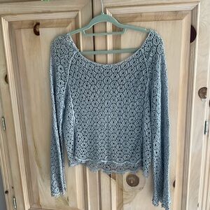POL Crochet Lace Long Sleeve Top - Light Gray S/M NWOT $35